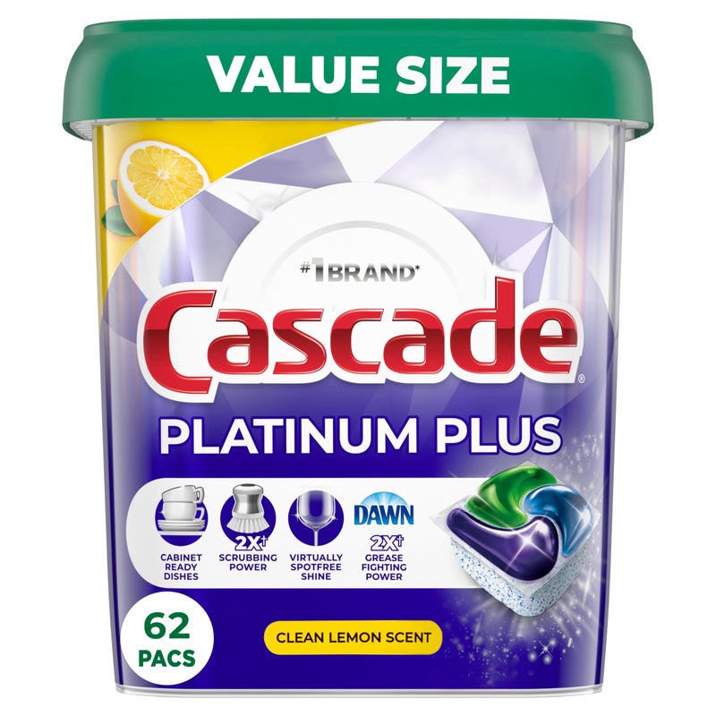 Cascade Platinum Plus Dishwasher Pods, Dishwasher Detergent, Dishwasher Soap, Dish Tabs, Dishwashing Tablets, Dish Detergent, Lemon, Actionpacs, 62 Count - Image 1