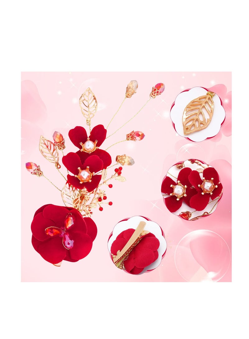 Excefore Red Rose Flower Hair Clips, Red Wedding Hair Clip for Bridal, Side Combs Women Hair Jewelry Accessories, Perfect for Weddings, Anniversaries, and Special Occasions - Image 3