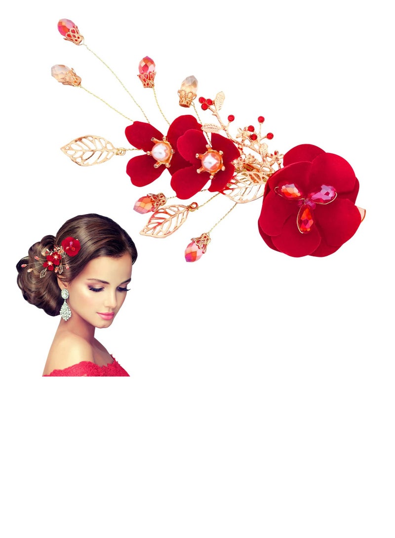 Excefore Red Rose Flower Hair Clips, Red Wedding Hair Clip for Bridal, Side Combs Women Hair Jewelry Accessories, Perfect for Weddings, Anniversaries, and Special Occasions - Image 1