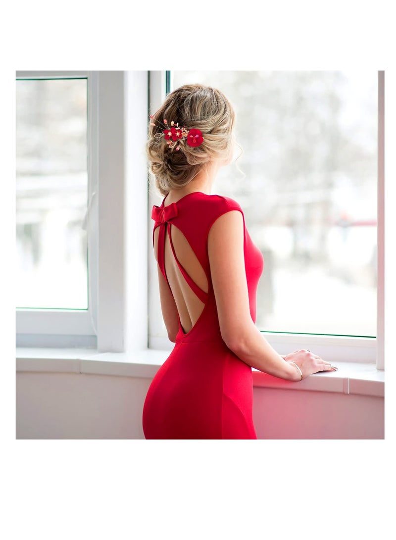 Excefore Red Rose Flower Hair Clips, Red Wedding Hair Clip for Bridal, Side Combs Women Hair Jewelry Accessories, Perfect for Weddings, Anniversaries, and Special Occasions - Image 4