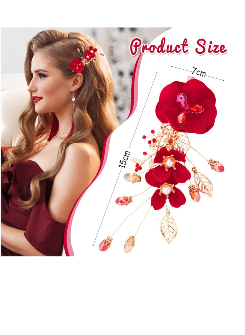 Excefore Red Rose Flower Hair Clips, Red Wedding Hair Clip for Bridal, Side Combs Women Hair Jewelry Accessories, Perfect for Weddings, Anniversaries, and Special Occasions - Image 2