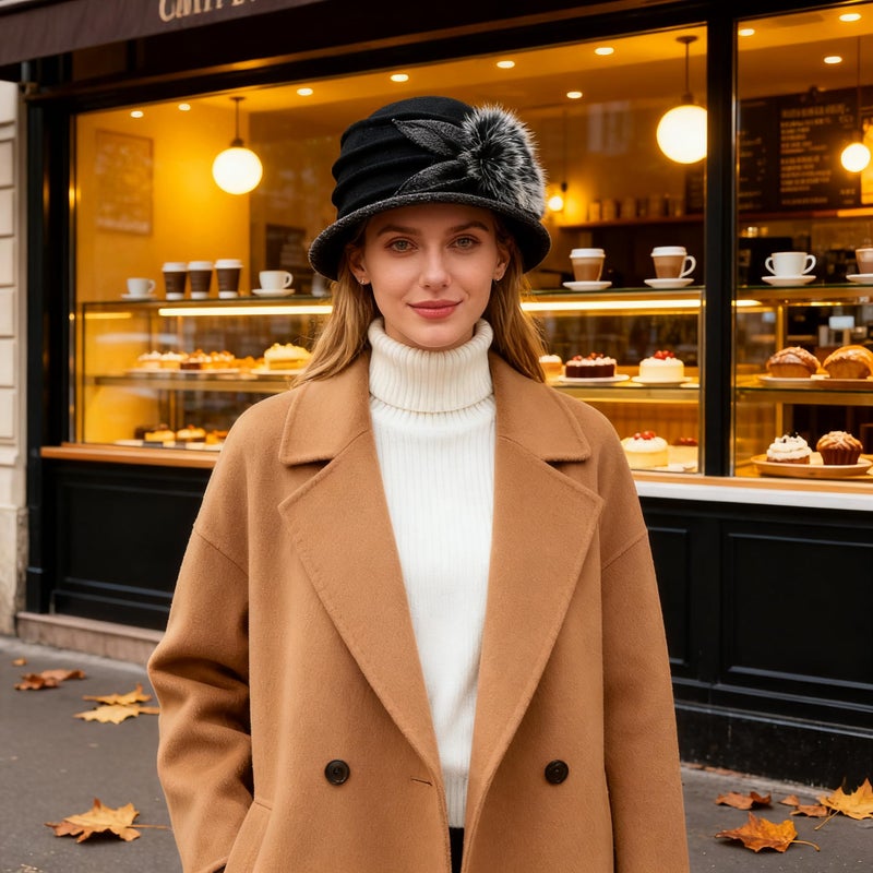 Ruphedy Women Vintage Felt Bucket Hat Winter Wool Dress Beret Hat (C030-Black) - Image 5