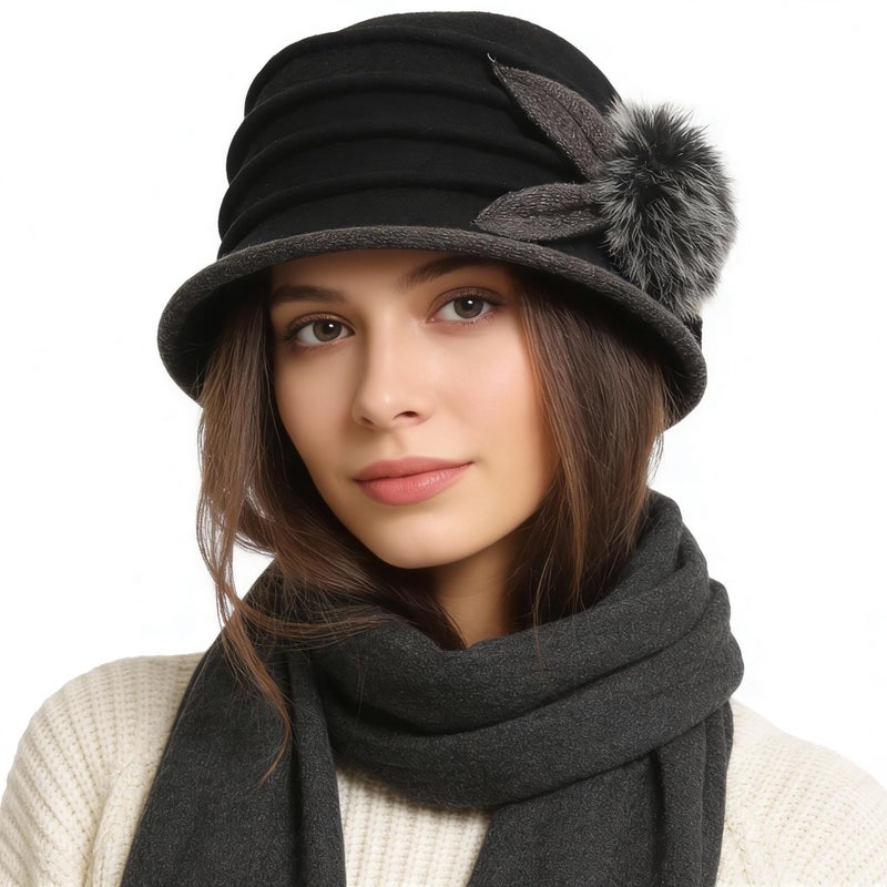 Ruphedy Women Vintage Felt Bucket Hat Winter Wool Dress Beret Hat (C030-Black) - Image 1