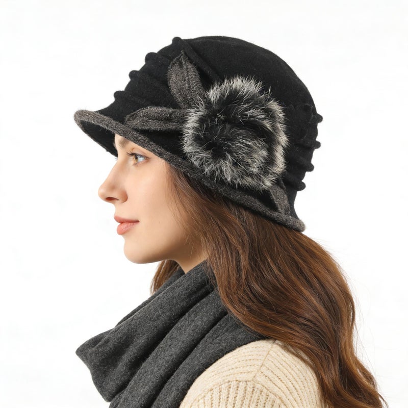 Ruphedy Women Vintage Felt Bucket Hat Winter Wool Dress Beret Hat (C030-Black) - Image 3