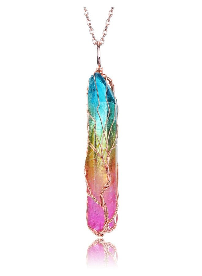 PESOENTH Crystal Necklace Life Tree Rainbow Quartz Gemstone Healing Stone Rose Gold Wire Wrap Necklace Crystal Jewelry Spiritual Gifts for Women - Image 1