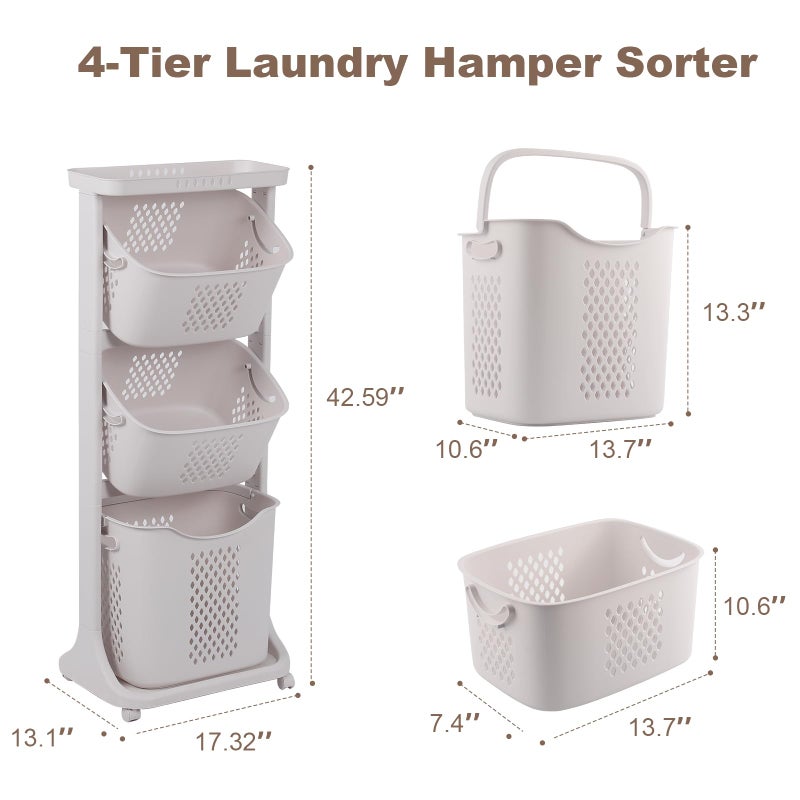 FAHKNS 3-Tier Laundry Sorter Cart with Wheels, Large 75L Capacity Hamper Organizer, Rolling Storage with Removable Mesh Bins for Heavy Duty Use in Home, Dorm, Apartment (17.32"x13.1"x42.59") - Image 2