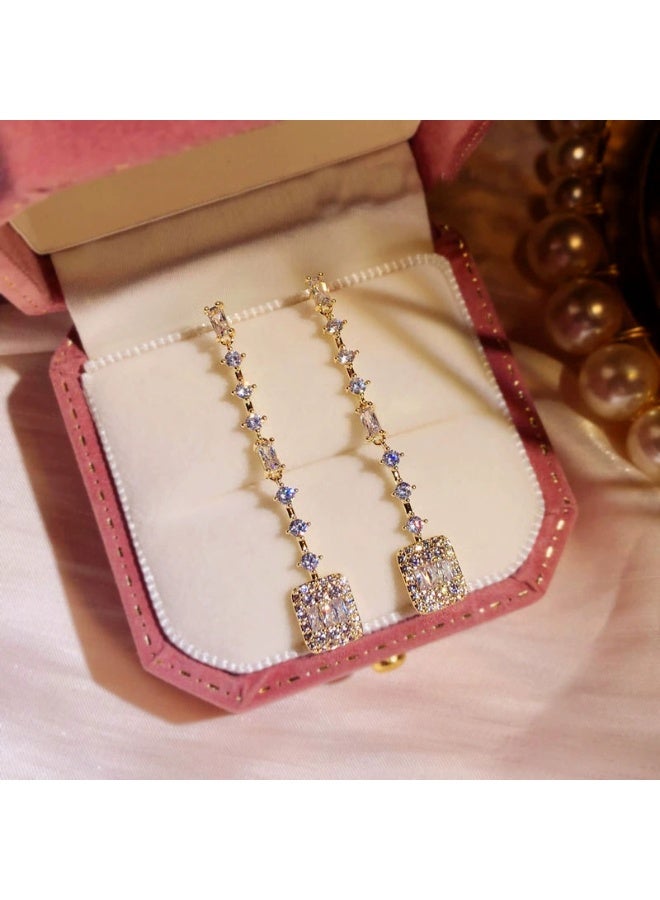 Goolsky Elegant Korean Square Pendant Earrings for Women – S925 Silver Needle Sparkling Zircon Long Dangle, Hypoallergenic, Formal/Parties Weddings Eid Wear - Image 4