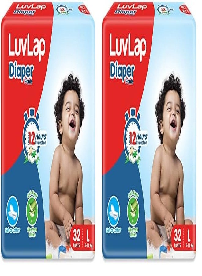 LuvLap Pant Style Baby Diapers, Large (L), 32 Count, For babies of Upto 9-14Kg with Aloe Vera Lotion for rash protection, with upto 12hr protection, Diapers (Pack of 2)