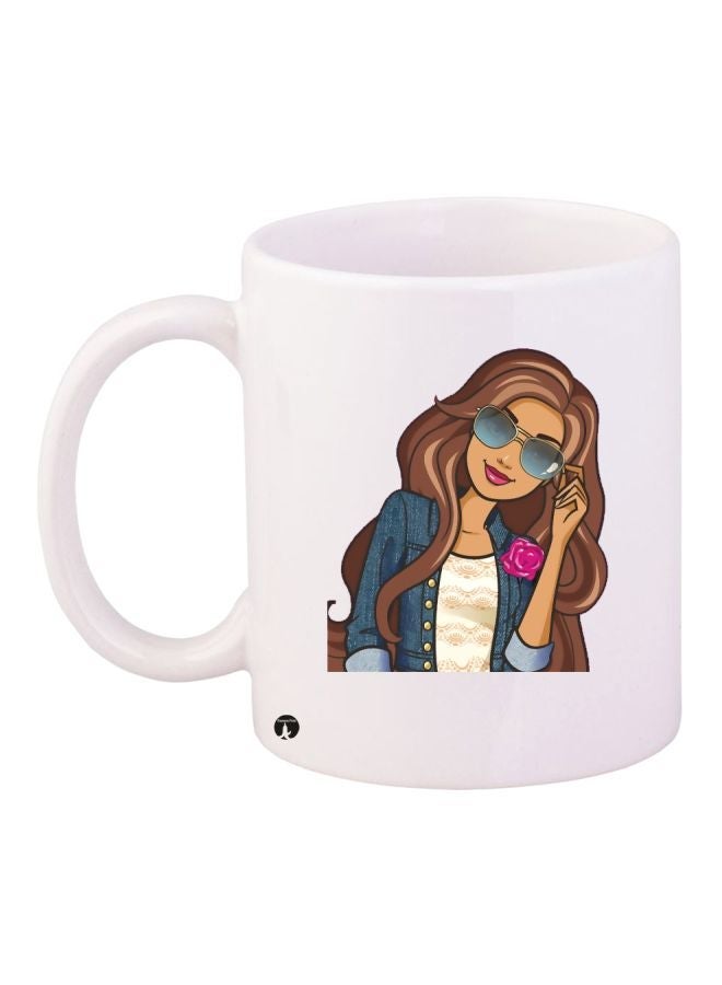 RYN Cartoon Girl Printed Coffee Mug White/Brown/Blue 11ounce