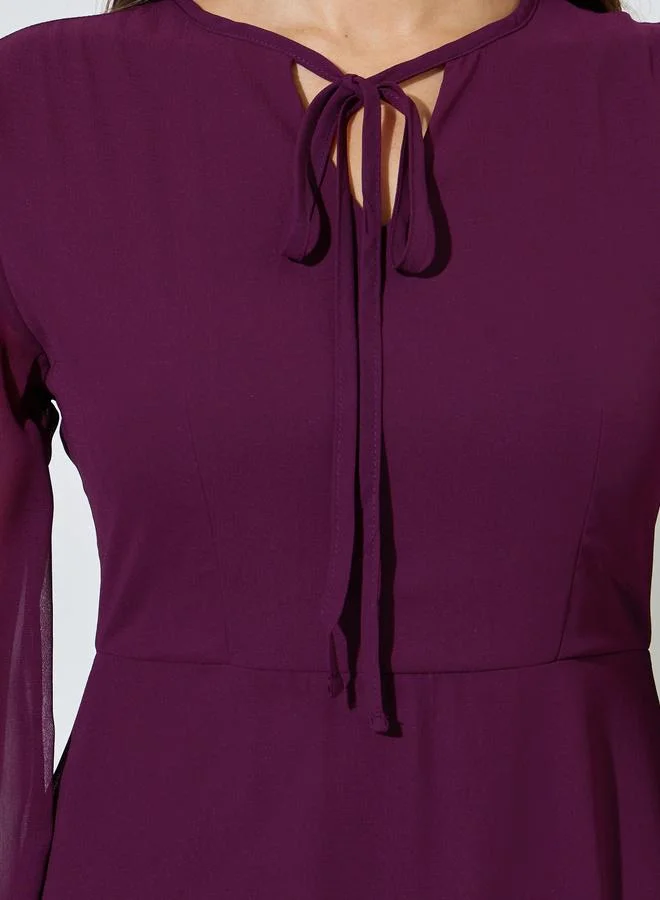 Styli  Magenta Solid Tie-Up Neck A-Line Midi Dress for Women | Best Price UAE