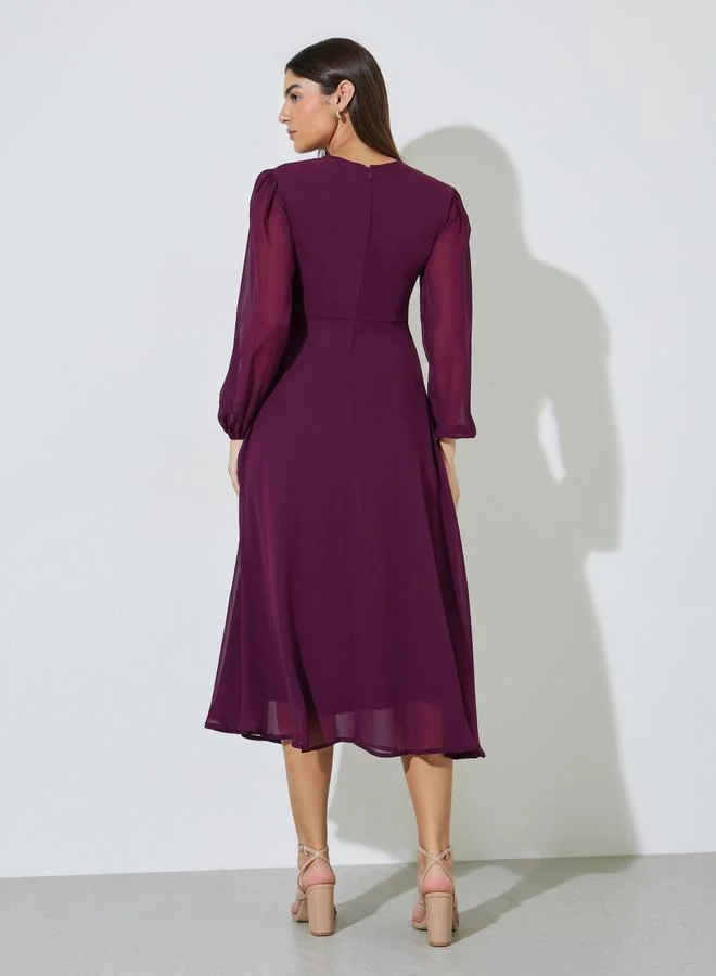Styli  Magenta Solid Tie-Up Neck A-Line Midi Dress for Women | Best Price UAE