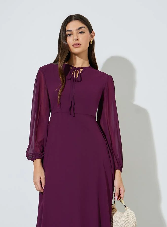 Styli  Magenta Solid Tie-Up Neck A-Line Midi Dress for Women | Best Price UAE