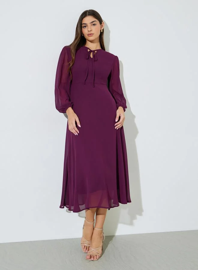 Magenta Solid Tie-Up Neck A-Line Midi Dress