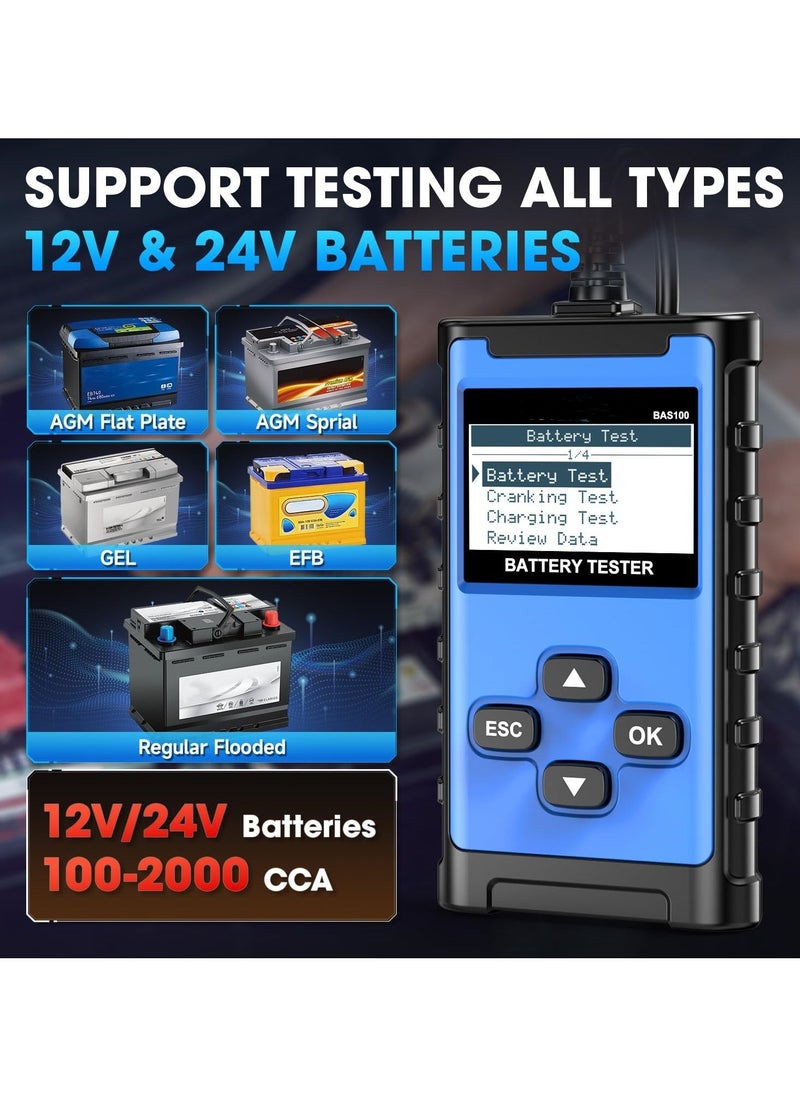 Battery Tester 12V 24V Car Battery Tester 100-2000 CCA Battery Tester, Cranking Charging System Alternator Tester Battery Analyzer for Car Truck Motorcycle SUV ATV Boat - Image 2