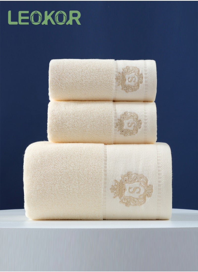 LEOKOR 3PCS Cotton Bath Towel Set Fast Absorbent Skin-friendly and Soft Bath Towel*1PCS and 2PCS Towels Beige  - Image 1