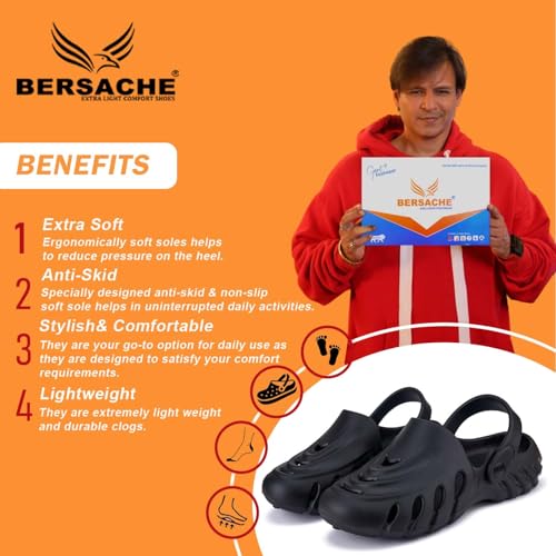 BERSACHE Mens Lightweight Stylish Clog Sole (Black), 6 UK - Image 2