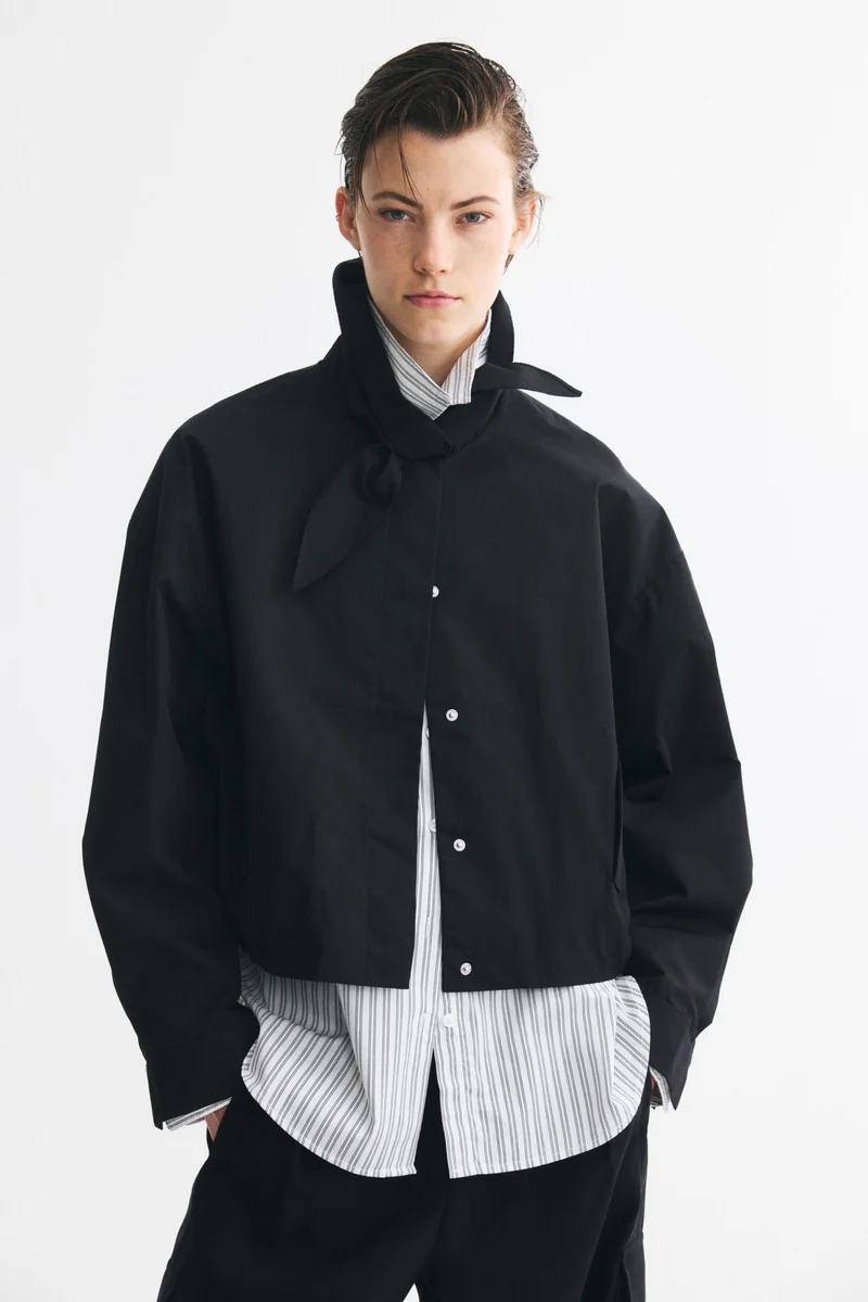 Scarf-collar bubble-hem jacket