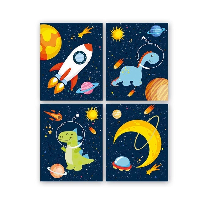 DINOSAUR OUTER SPACE ART PRINT SOLAR SYSTEM PLANET CANVAS POSTERSET OF 4 8X10INCHUNFRAMED ANIMAL ASTRONAUT WALL ART FOR KID ROOM DECOR