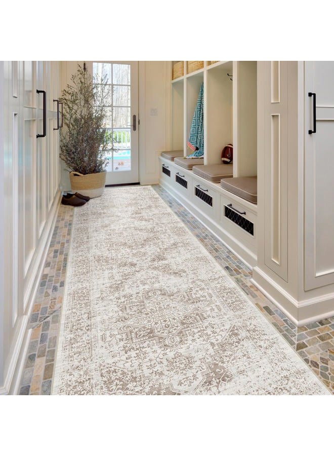 EISUROM Hallway 3x10 Runner Rug - Vintage Non-Slip Long Rug for Entryway Low-Pile Washable Medallion Runner Rugs for Hallway Waterproof Traditional Runner Rug Indoor Thin Rug for Kitchen (Beige) - Image 1