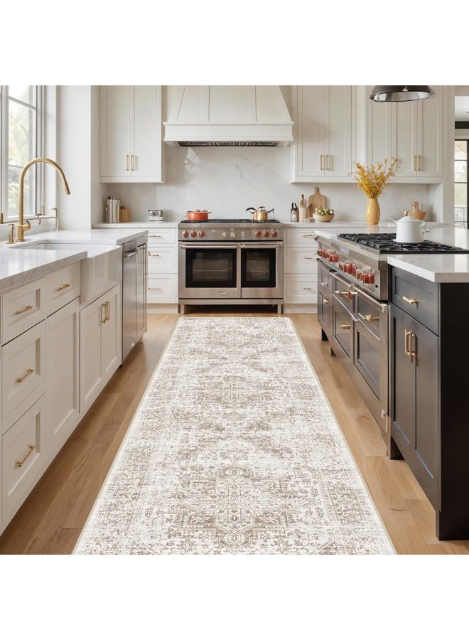 EISUROM Hallway 3x10 Runner Rug - Vintage Non-Slip Long Rug for Entryway Low-Pile Washable Medallion Runner Rugs for Hallway Waterproof Traditional Runner Rug Indoor Thin Rug for Kitchen (Beige) - Image 3