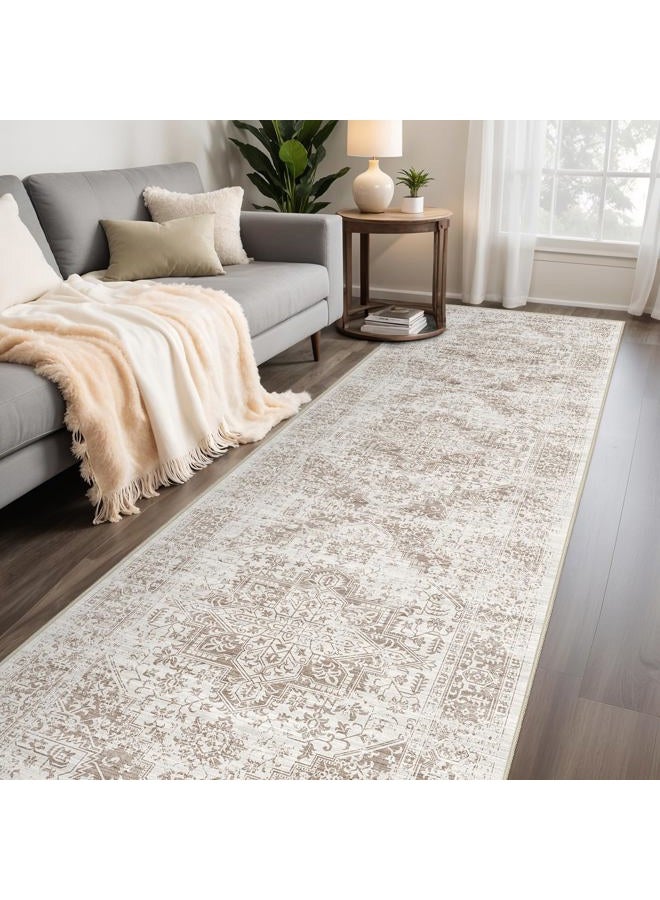 EISUROM Hallway 3x10 Runner Rug - Vintage Non-Slip Long Rug for Entryway Low-Pile Washable Medallion Runner Rugs for Hallway Waterproof Traditional Runner Rug Indoor Thin Rug for Kitchen (Beige) - Image 5