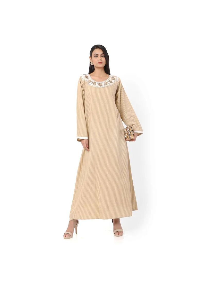 HANA & SARA LONG STRIPE PRINTED NECK EMBROIDERED CASUAL ARABIC KAFTAN JALABIYA DRESSES