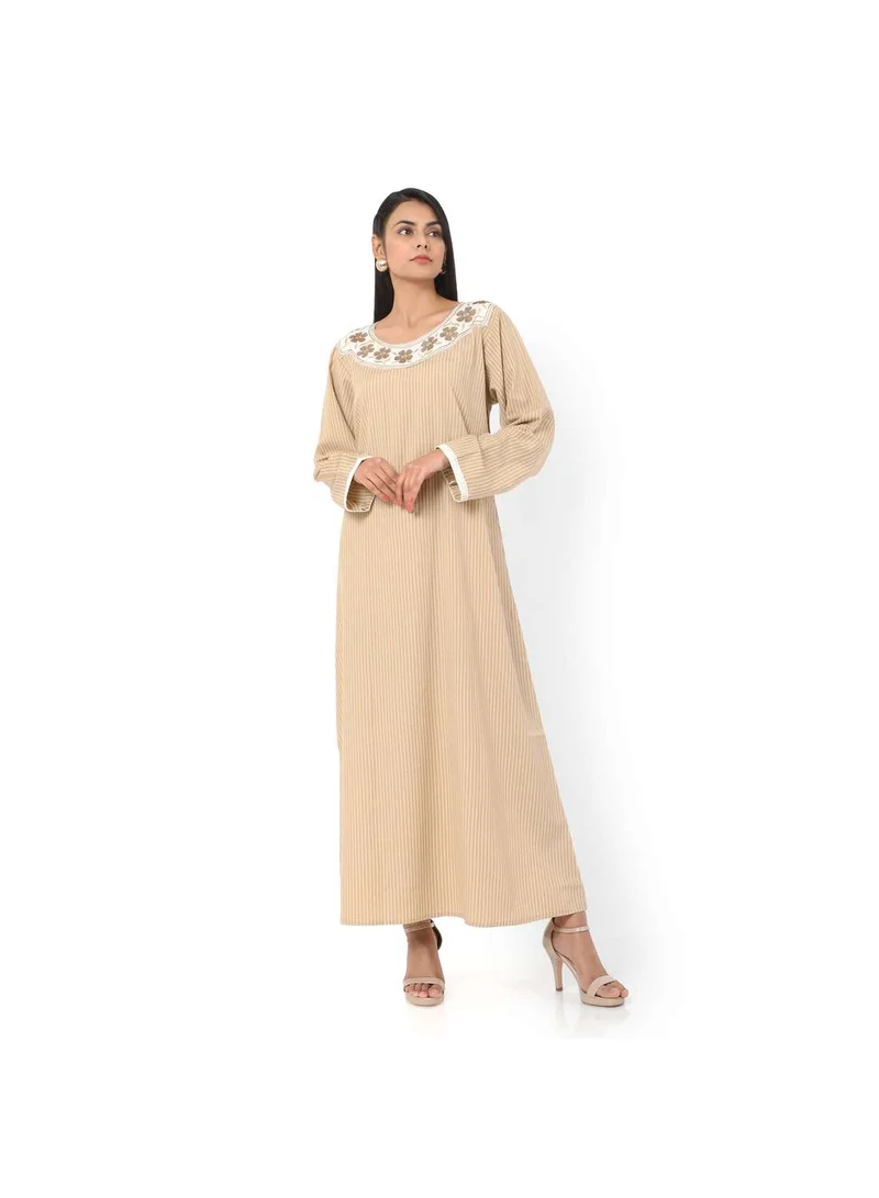 HANA & SARA LONG STRIPE PRINTED NECK EMBROIDERED CASUAL ARABIC KAFTAN JALABIYA DRESSES