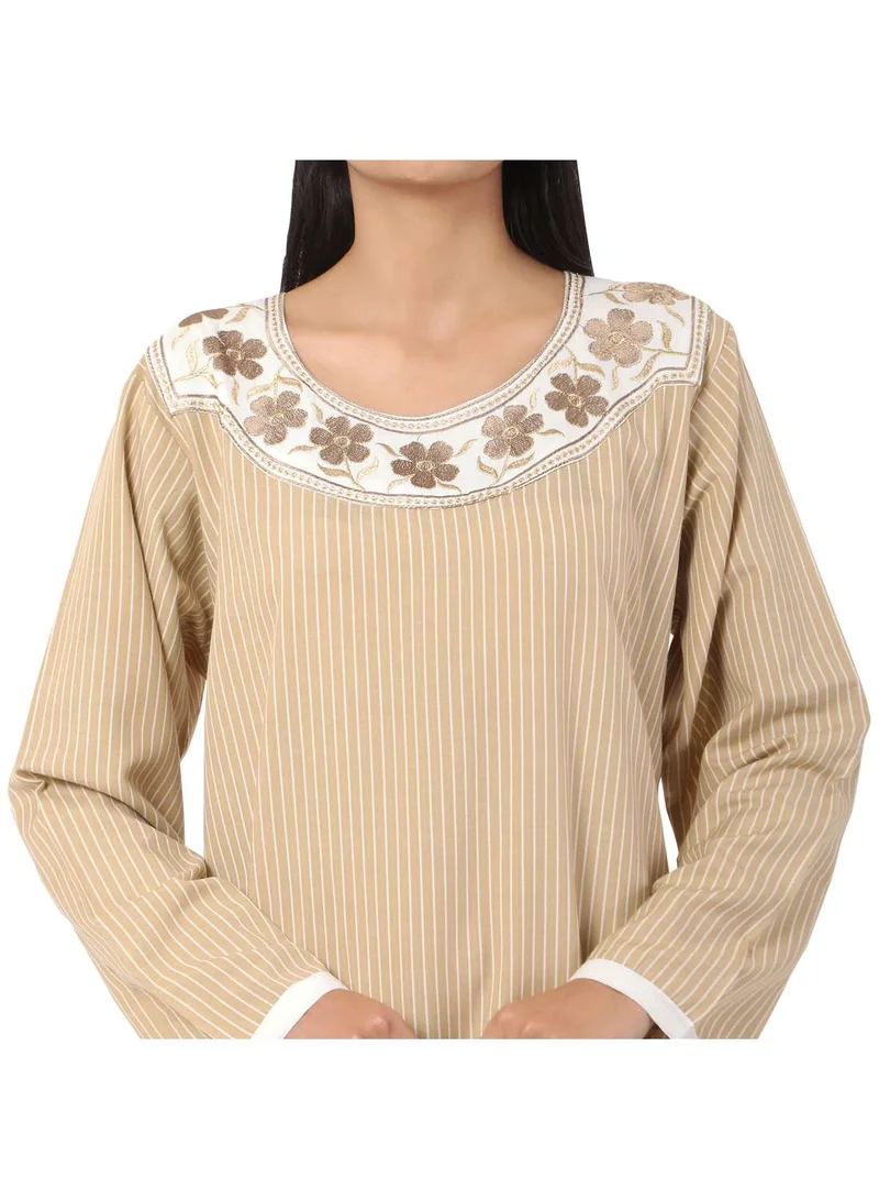 HANA & SARA LONG STRIPE PRINTED NECK EMBROIDERED CASUAL ARABIC KAFTAN JALABIYA DRESSES