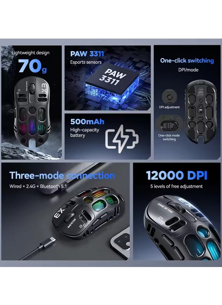 T-WOLF X3 Wireless Gaming Mouse Triple Mode 2.4G/BT/USB-C RGB for PC Laptop  - Image 3