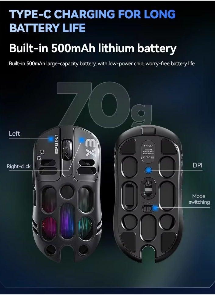 T-WOLF X3 Wireless Gaming Mouse Triple Mode 2.4G/BT/USB-C RGB for PC Laptop  - Image 5