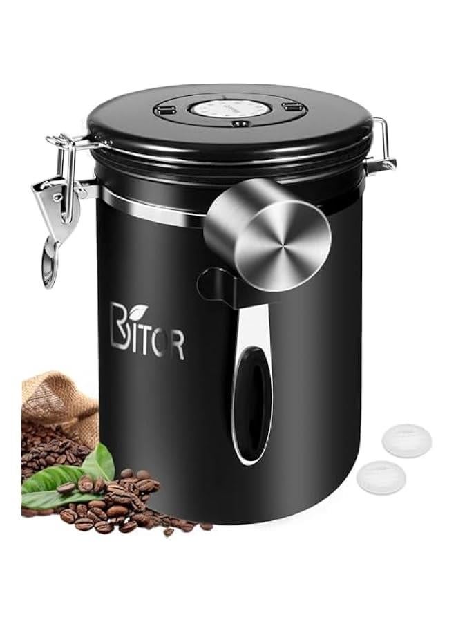 HOOKOR 1.8L Coffee Canister, Airtight Coffee Canister with Scoop, Coffee Jar with Built-in Valve, Date Tracker, 2 Spare Filter, Coffee Container for Beans, Ground, Tea, Flour and Sugar (Black)  - Image 1