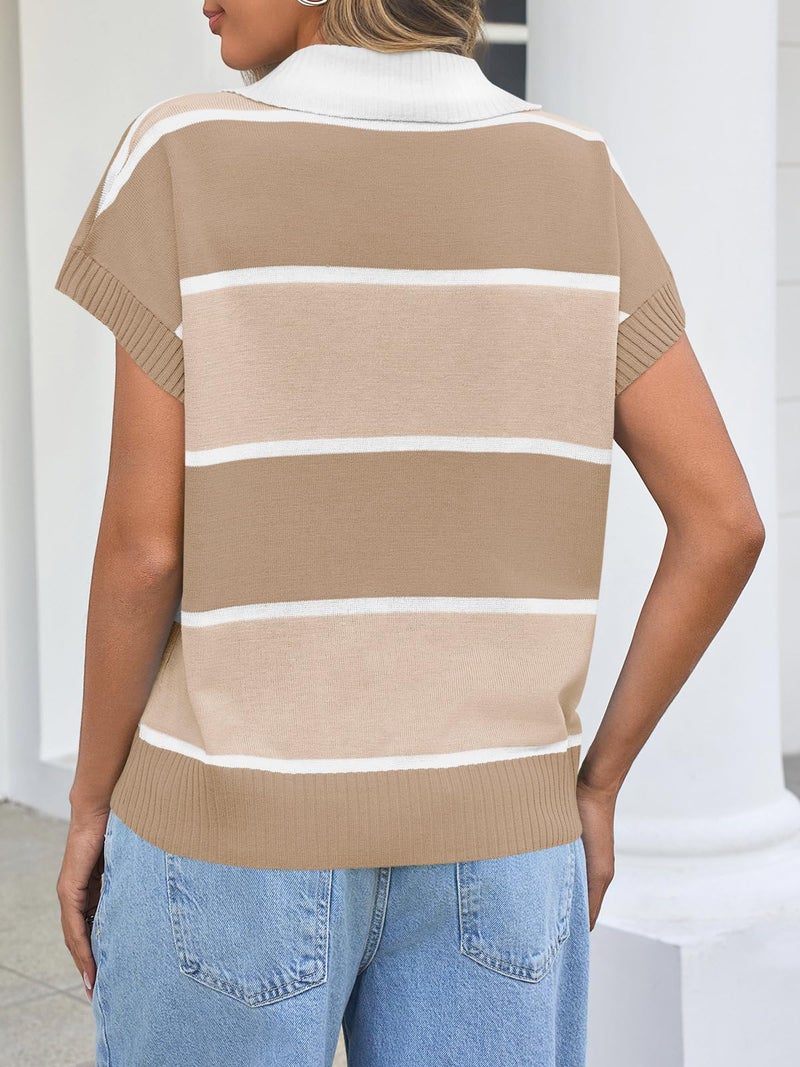Saodimallsu Womens Striped Short Sleeve Sweater V Neck Polo Shirt Color Block Loose Knit Pullover Rugby Shirts 2025 Khaki - Image 5