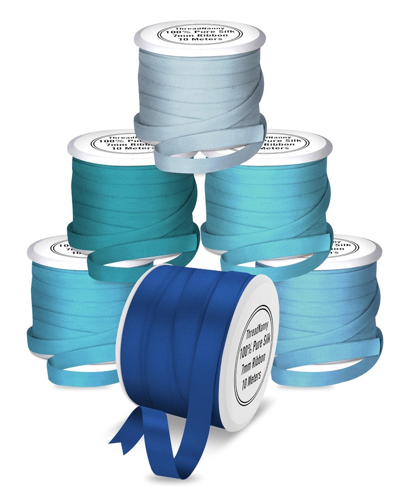 ThreadNanny New 7mm Size ThreadNanny 6 Spools of 100% Pure Silk Ribbons - Blue Tones - 60 Meters x 7mm - Image 1