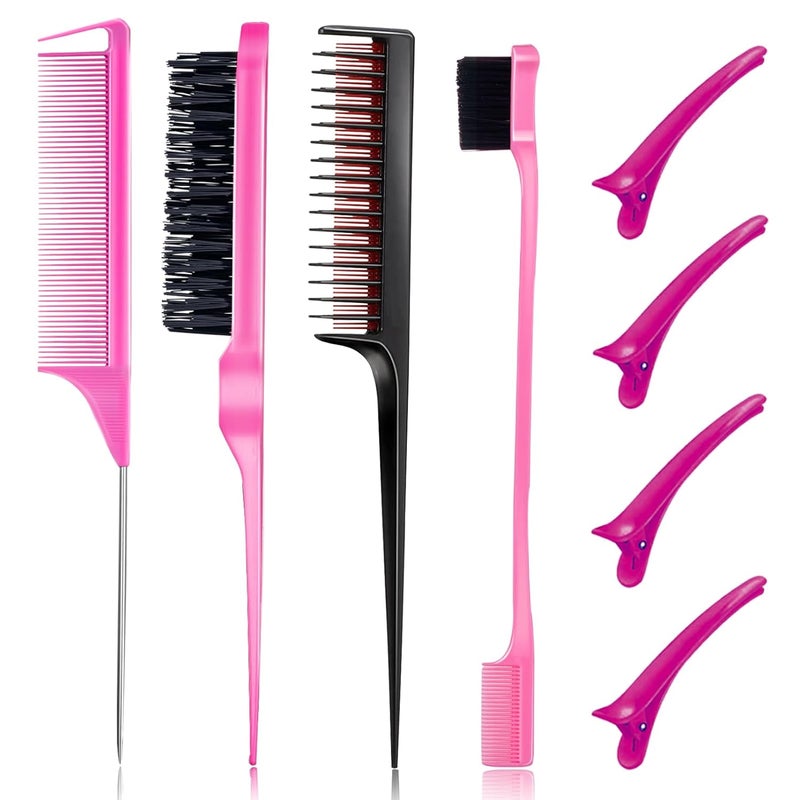 Goiple 8 Pieces Styling Comb Set  Teasing Brush Rat Tail Comb Edge Brush for Slicking and Combing Hair for Women Pink