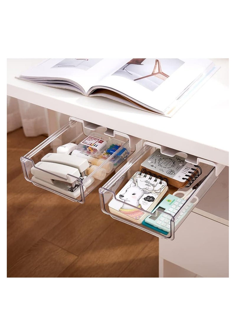 Self-adhesive Drawer Storage Organizer, 2Pcs Hidden Under Desk Drawer Organiser, Invisible Drawer Storage Box for School Students Office Stationery Supply (L+L) - Image 1