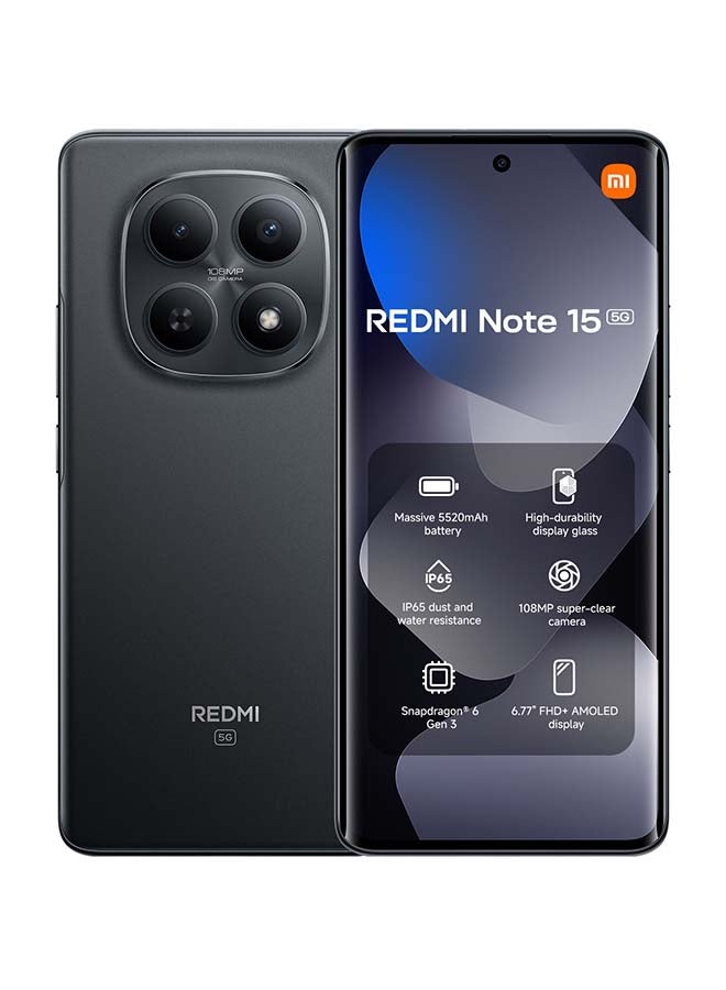 Xiaomi Redmi Note 15 Dual SIM 5G Black 8G RAM 256GB with 3 Pin adaptor - Global Version - Image 1