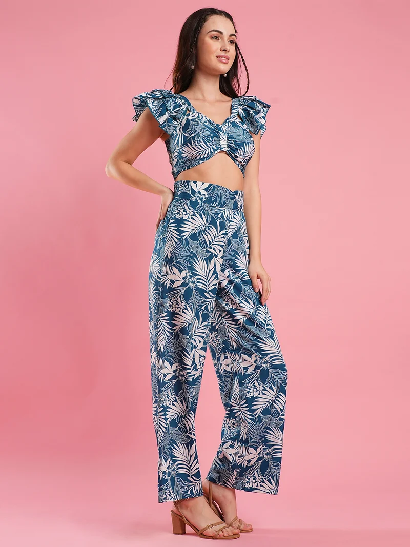 جلو باص طقم نسائي 글로بس بلوزة قصيرة بأكمام فراشة استوائية خضراء وبنطلون واسع من الأسفل