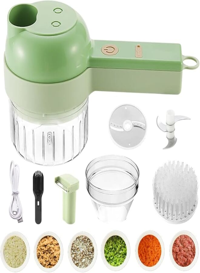 Spaceshoop 4 in 1 Handheld Electric Vegetable Cutter Set Portable Wireless Garlic Mud Masher Garlic Press and Slicer Set Multifunctional Electric Mini Food Processor with Brush for Ginger Peppers Onions Garlic