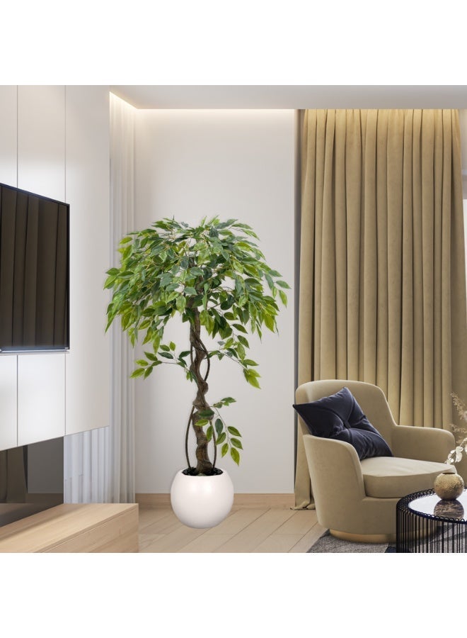 MirageBotanics 120cm Large Ficus Artificial Trees in White Pot, 4ft Tall Fake Silk Tree with Natural Curved Trunk, Lush Faux Ficus Tree for Indoor Home Decor, Living Room, Office & Patio - Image 5