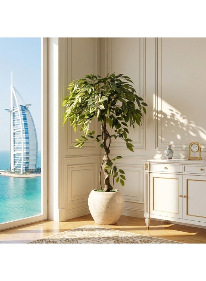 MirageBotanics 120cm Large Ficus Artificial Trees in White Pot, 4ft Tall Fake Silk Tree with Natural Curved Trunk, Lush Faux Ficus Tree for Indoor Home Decor, Living Room, Office & Patio - Image 3