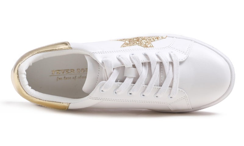 FEVERSOLE Women's Featured PU Leather Colorful Lace Up Sneaker White Glitter Gold Star Size 8 M US - Image 2