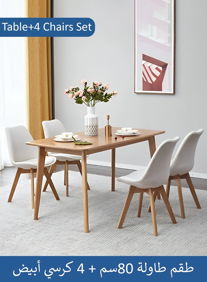 Taimi 5-Piece Dining Set, Modern Rectangular Dining Table with 4 Elegant Chairs | Solid Wood Table 80x60x75cm with 4 White Mid Century Soft Padded Seats - Modern Side Chairs with Wooden Legs - Image 1