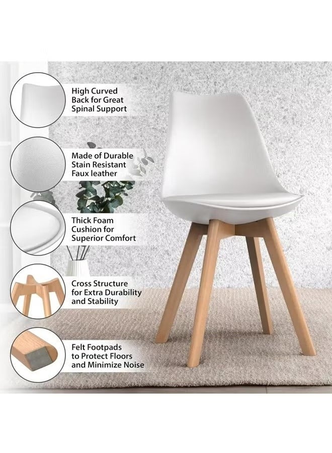 Taimi 5-Piece Dining Set, Modern Rectangular Dining Table with 4 Elegant Chairs | Solid Wood Table 80x60x75cm with 4 White Mid Century Soft Padded Seats - Modern Side Chairs with Wooden Legs - Image 4