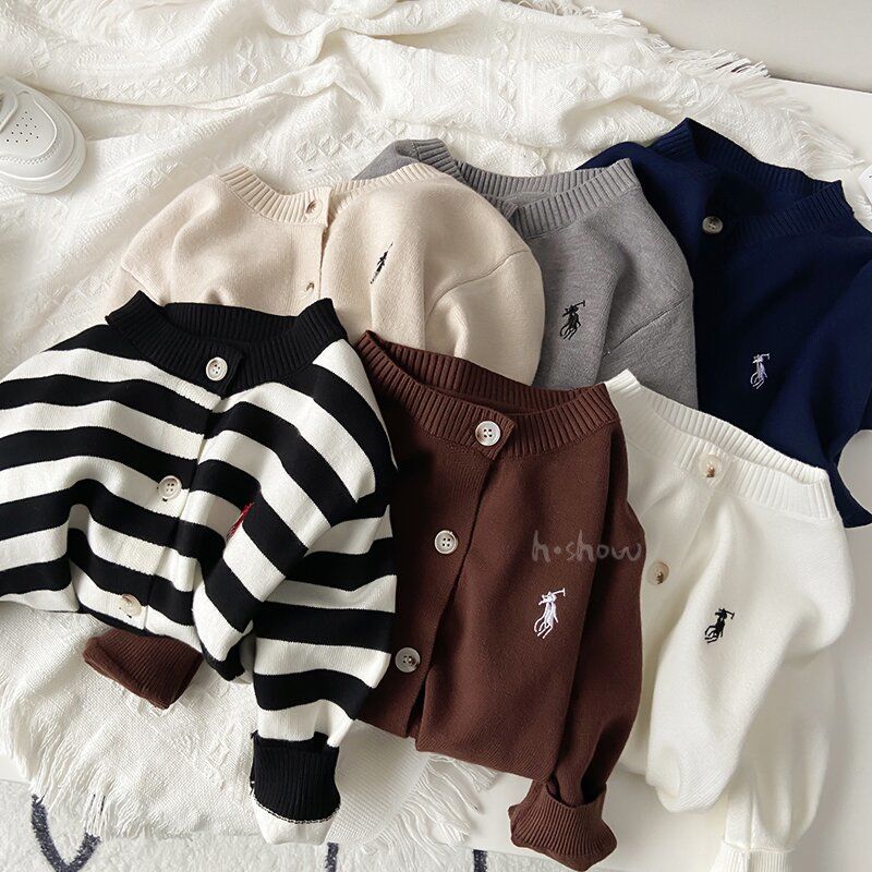 [] Boys And Girls Winter Striped Cardigan Children'S Sweater Coat 2025 Baby Round Neck - Image 2