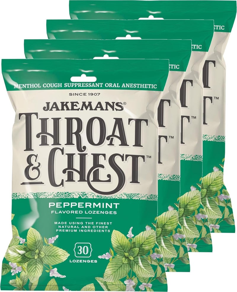 JAKEMANS Throat Chest Menthol Cough Suppressant Peppermint 30 Lozenges 4 Pack - Image 1