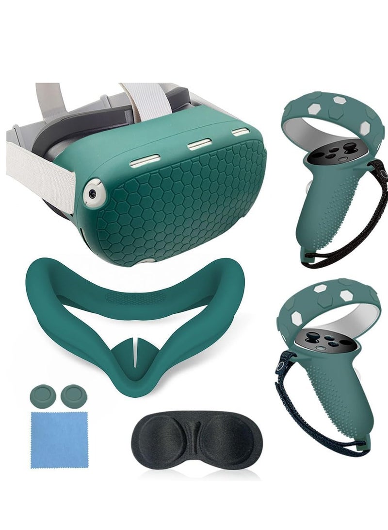 VR Cover Accessories Set Compatible with Meta Quest 2, MLemonVR Silicone VR Shell, Controller Grips & Face Cover, Button Caps, Lens Cover + Glasses Cloth Set for Quest 2 (Green, for Quest 2)  - Image 1