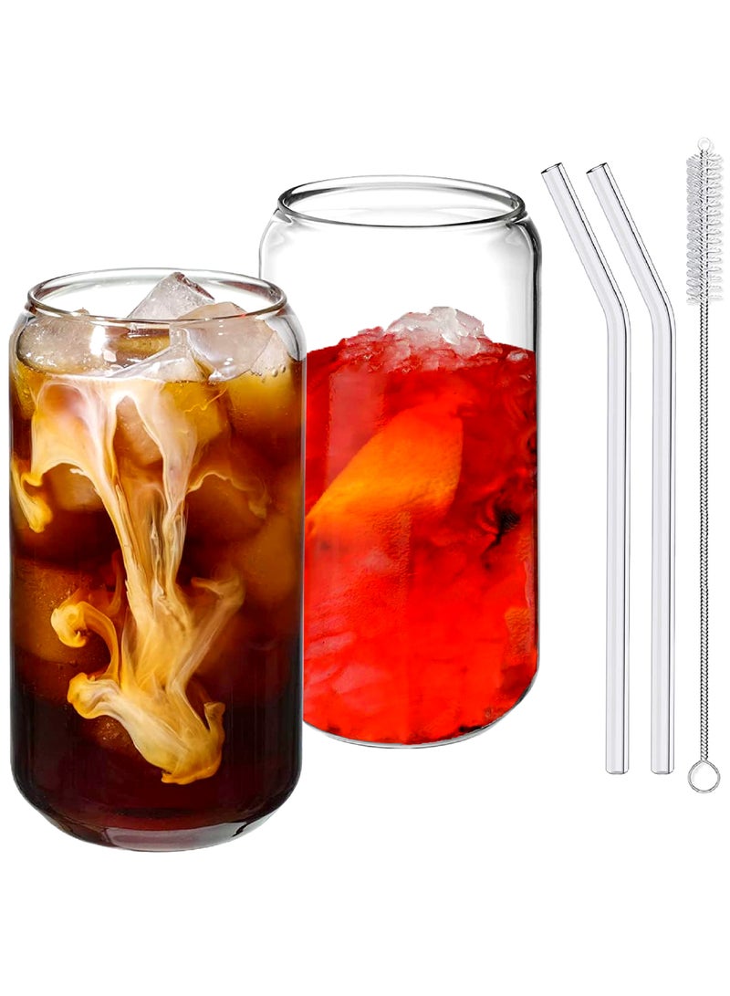 ماماتونس بوة من 2 كوب زجاجي على شكل علبة شرب مع ماصة زجاجية وفرشاة سعة 500 مل كوب قهوة مثلجة قابل لإعادة الاستخدام كوب شرب شفاف للشاي والعصير والماء - Image 1