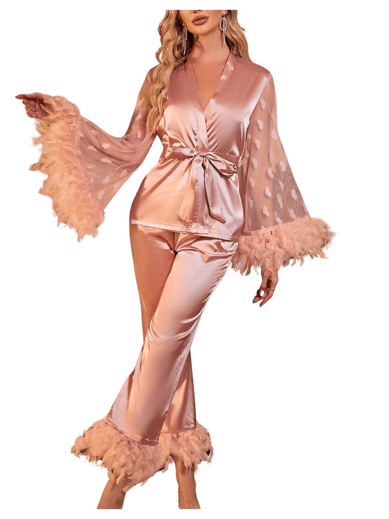 OYOANGLE Women's 2 Piece Pajama Set Satin Contrast Mesh Feather Trim Silk Long Sleeve Belted Top and Pants Lounge Sets Pink Medium - Image 1