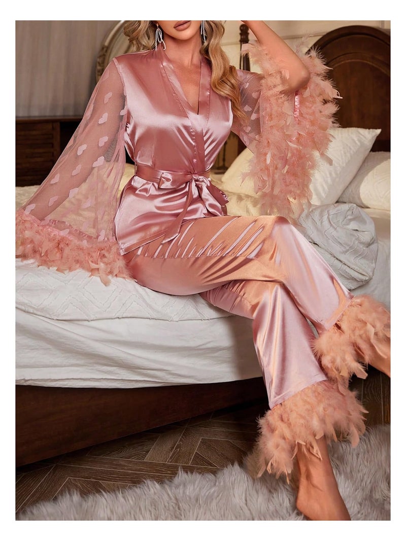 OYOANGLE Women's 2 Piece Pajama Set Satin Contrast Mesh Feather Trim Silk Long Sleeve Belted Top and Pants Lounge Sets Pink Medium - Image 3