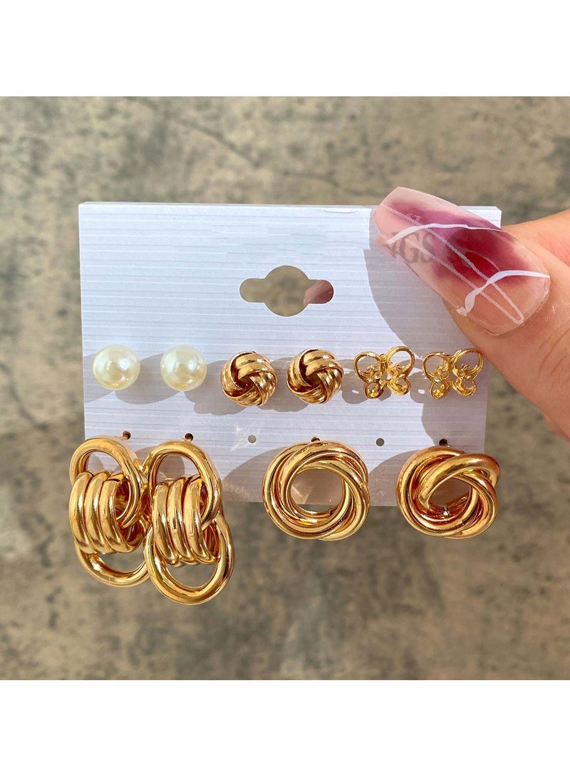 Huitich Gold Knot & Pearl Design Earring Set – 5 Pairs - Image 3